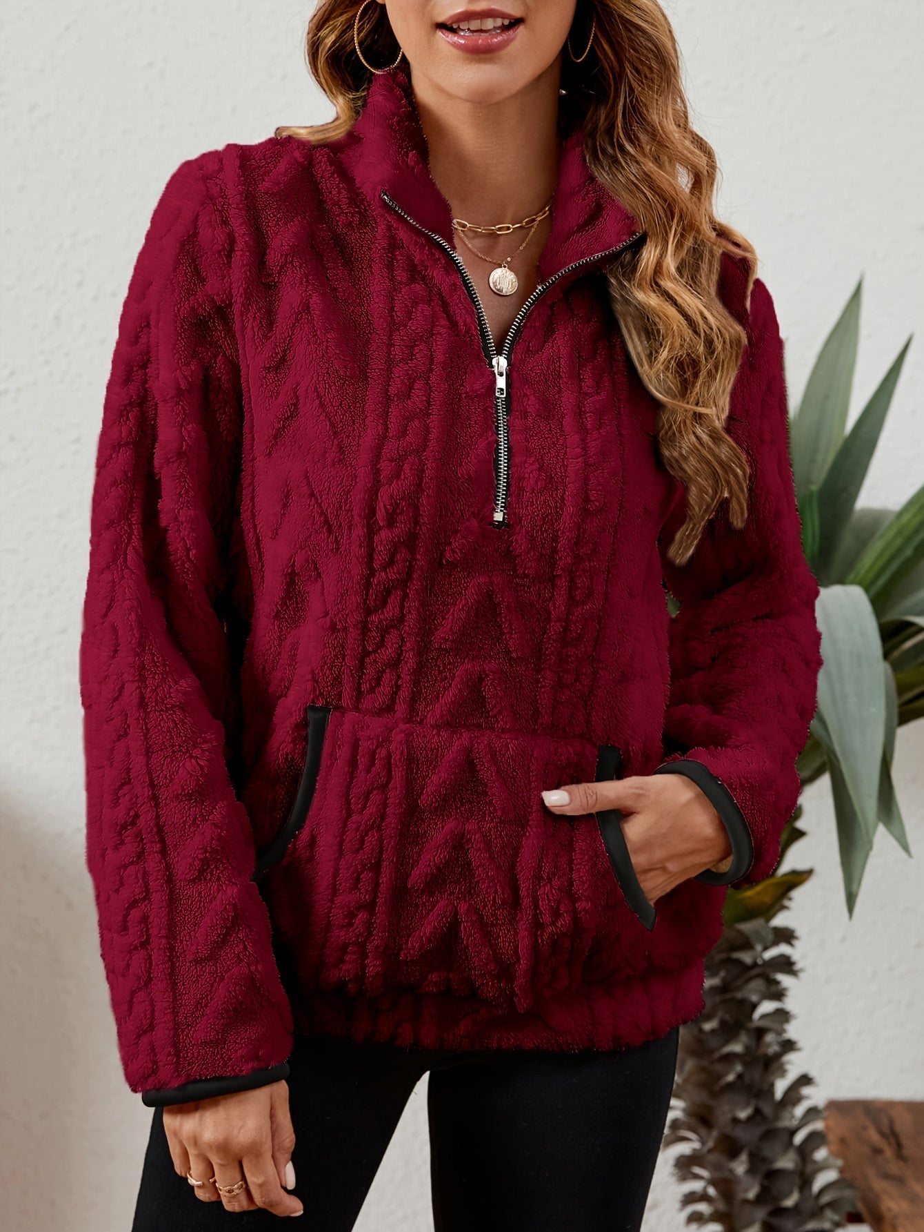 Sherpa Fleece Half-Zip Pullover – Textured Long Sleeve with Kangaroo Pocket