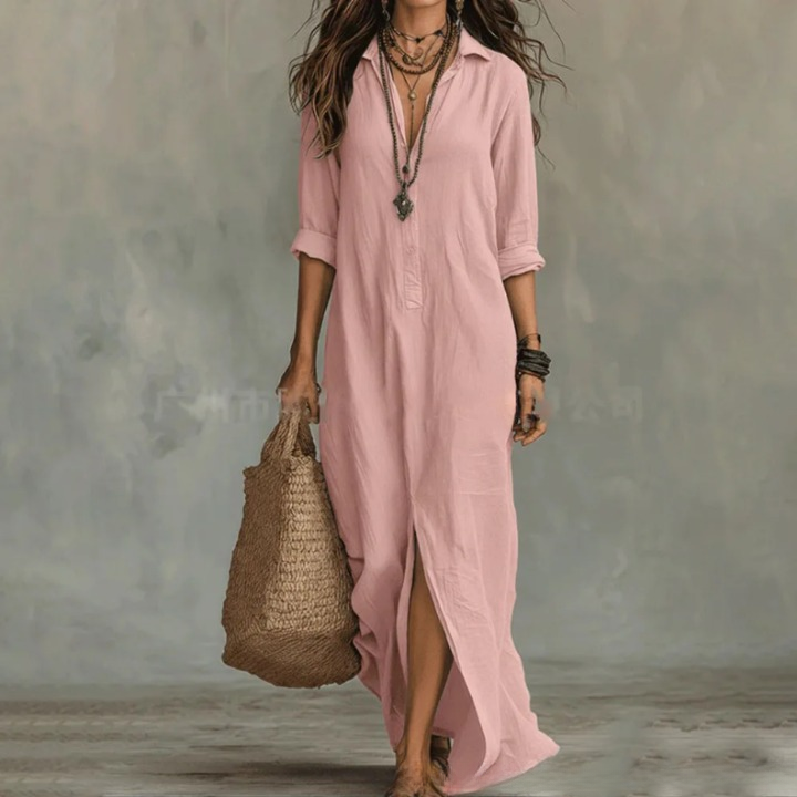 Cotton Linen Maxi Shirt Dress – Loose Fit Button-Front Boho Dress
