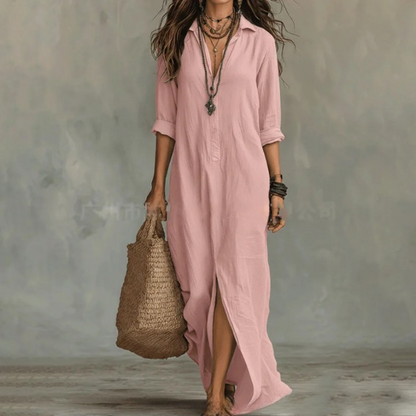Cotton Linen Maxi Shirt Dress – Loose Fit Button-Front Boho Dress