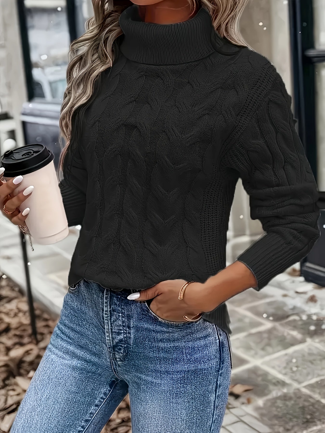 Cable Knit Turtleneck Sweater – Women's Long Sleeve Pullover