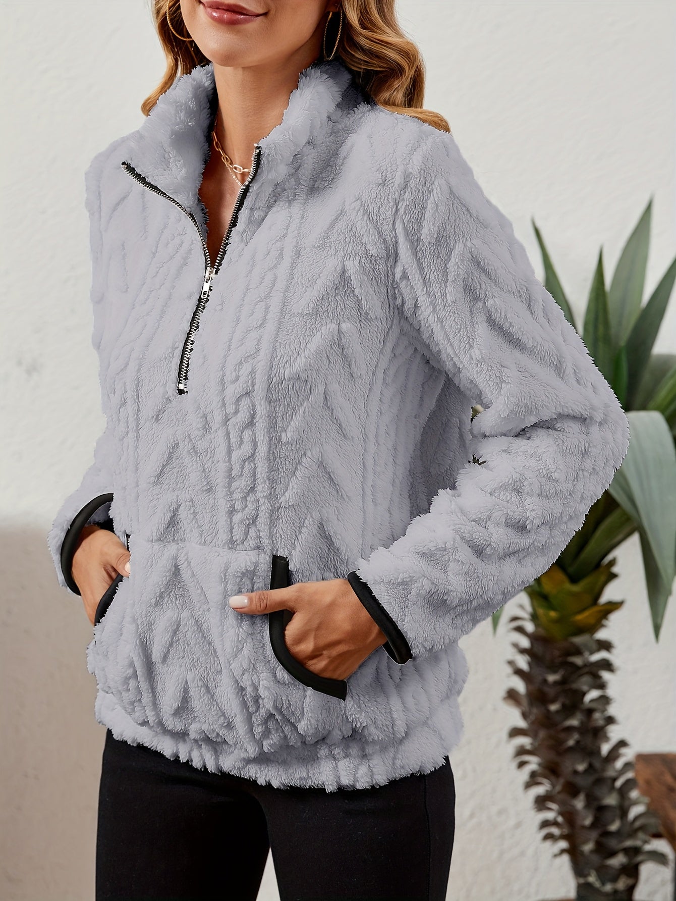 Sherpa Fleece Half-Zip Pullover – Textured Long Sleeve with Kangaroo Pocket
