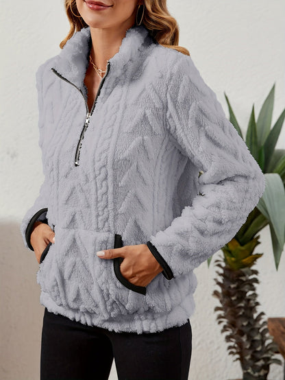 Sherpa Fleece Half-Zip Pullover – Textured Long Sleeve with Kangaroo Pocket