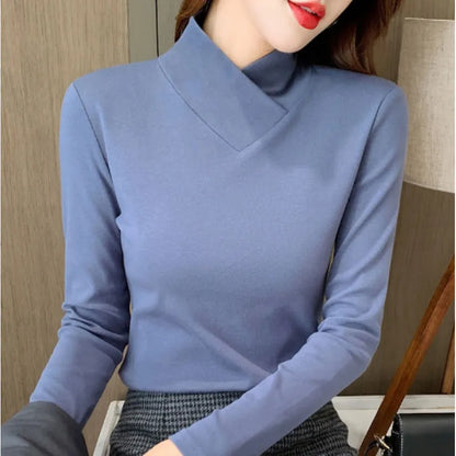Slim Fit Turtleneck Long Sleeve Top – V-Neckline Stretch Layering Tee