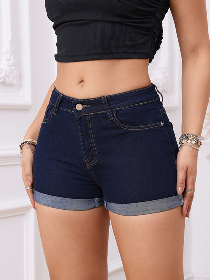 High Waist Cuffed Denim Shorts – Stretch Jean Shorts Navy Blue