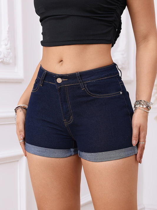 High Waist Cuffed Denim Shorts – Stretch Jean Shorts Navy Blue
