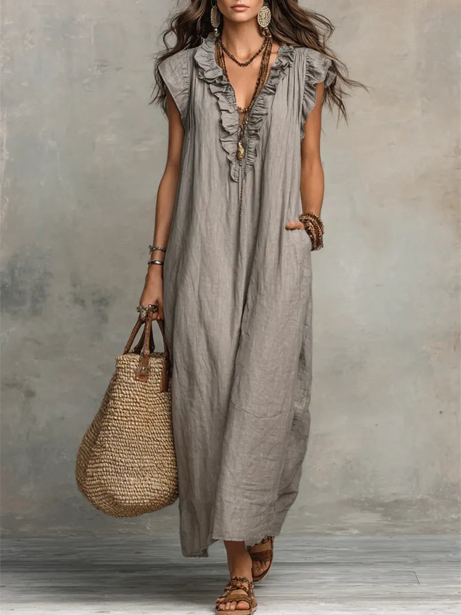 Ruffle V-Neck Maxi Dress – Sleeveless Loose Fit Summer Dress