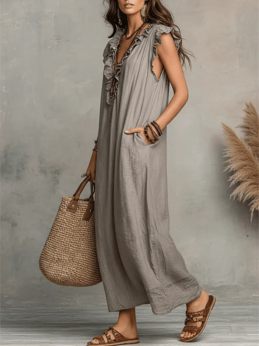 Ruffle V-Neck Maxi Dress – Sleeveless Loose Fit Summer Dress