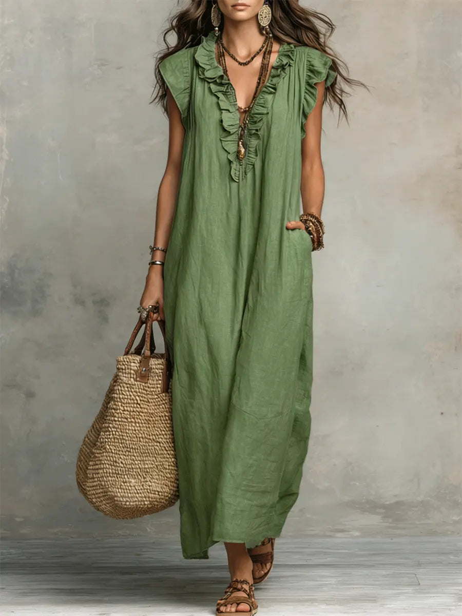Ruffle V-Neck Maxi Dress – Sleeveless Loose Fit Summer Dress