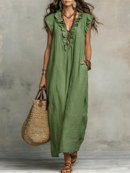 Ruffle V-Neck Maxi Dress – Sleeveless Loose Fit Summer Dress
