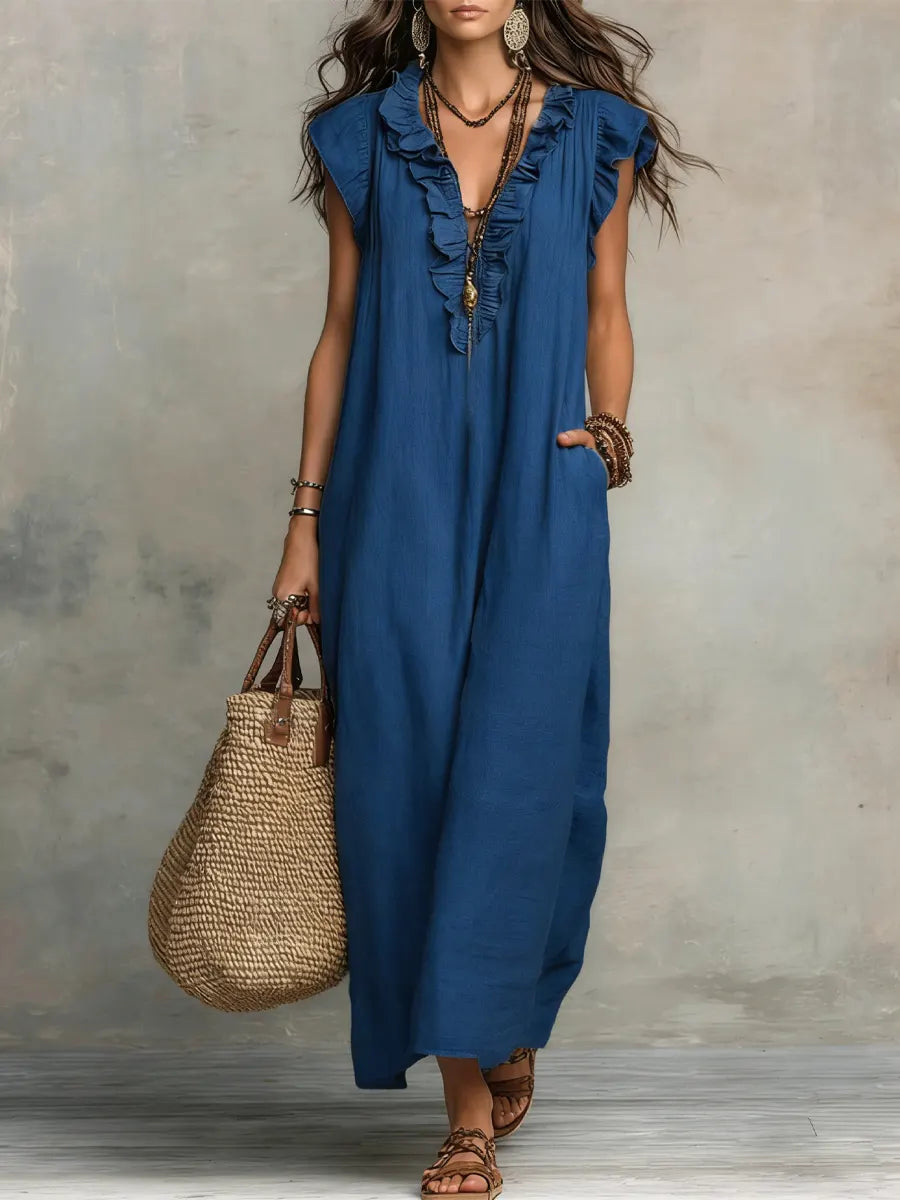 Ruffle V-Neck Maxi Dress – Sleeveless Loose Fit Summer Dress