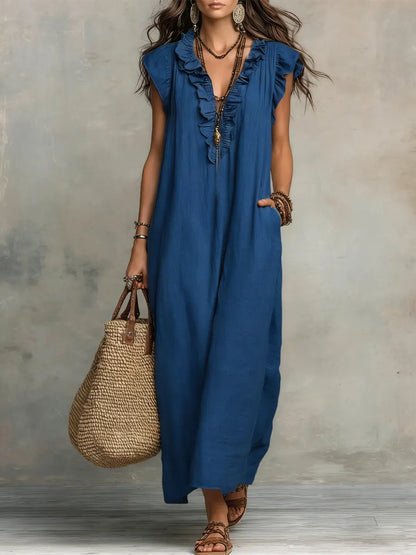 Ruffle V-Neck Maxi Dress – Sleeveless Loose Fit Summer Dress