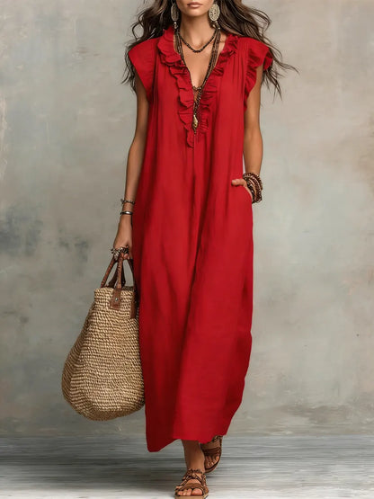 Ruffle V-Neck Maxi Dress – Sleeveless Loose Fit Summer Dress