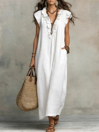 Ruffle V-Neck Maxi Dress – Sleeveless Loose Fit Summer Dress