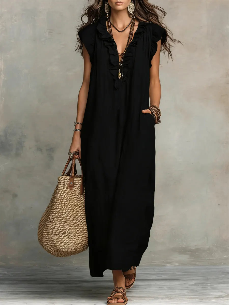 Ruffle V-Neck Maxi Dress – Sleeveless Loose Fit Summer Dress