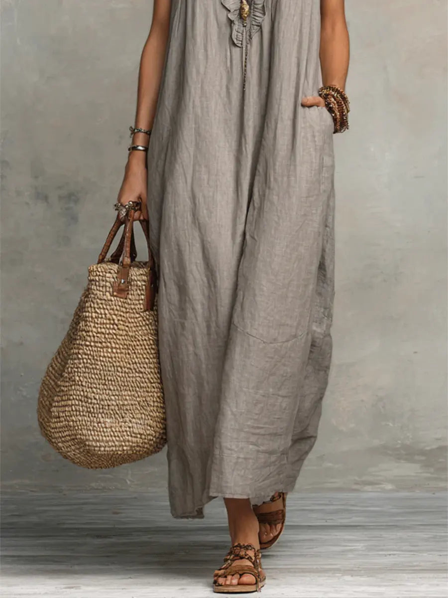 Ruffle V-Neck Maxi Dress – Sleeveless Loose Fit Summer Dress