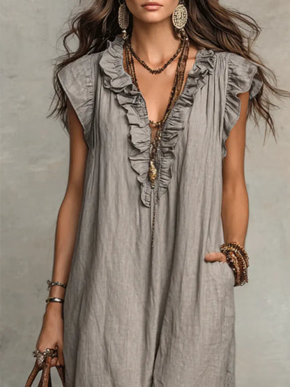Ruffle V-Neck Maxi Dress – Sleeveless Loose Fit Summer Dress