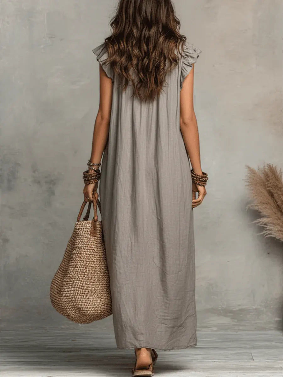 Ruffle V-Neck Maxi Dress – Sleeveless Loose Fit Summer Dress