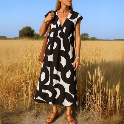 Geometric Print Midi Dress – V-Neck Cap Sleeve A-Line Summer Dress