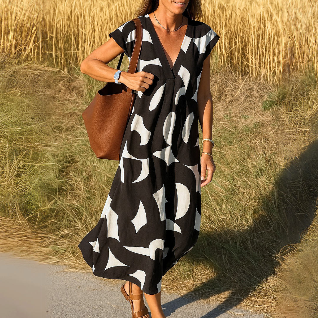 Geometric Print Midi Dress – V-Neck Cap Sleeve A-Line Summer Dress