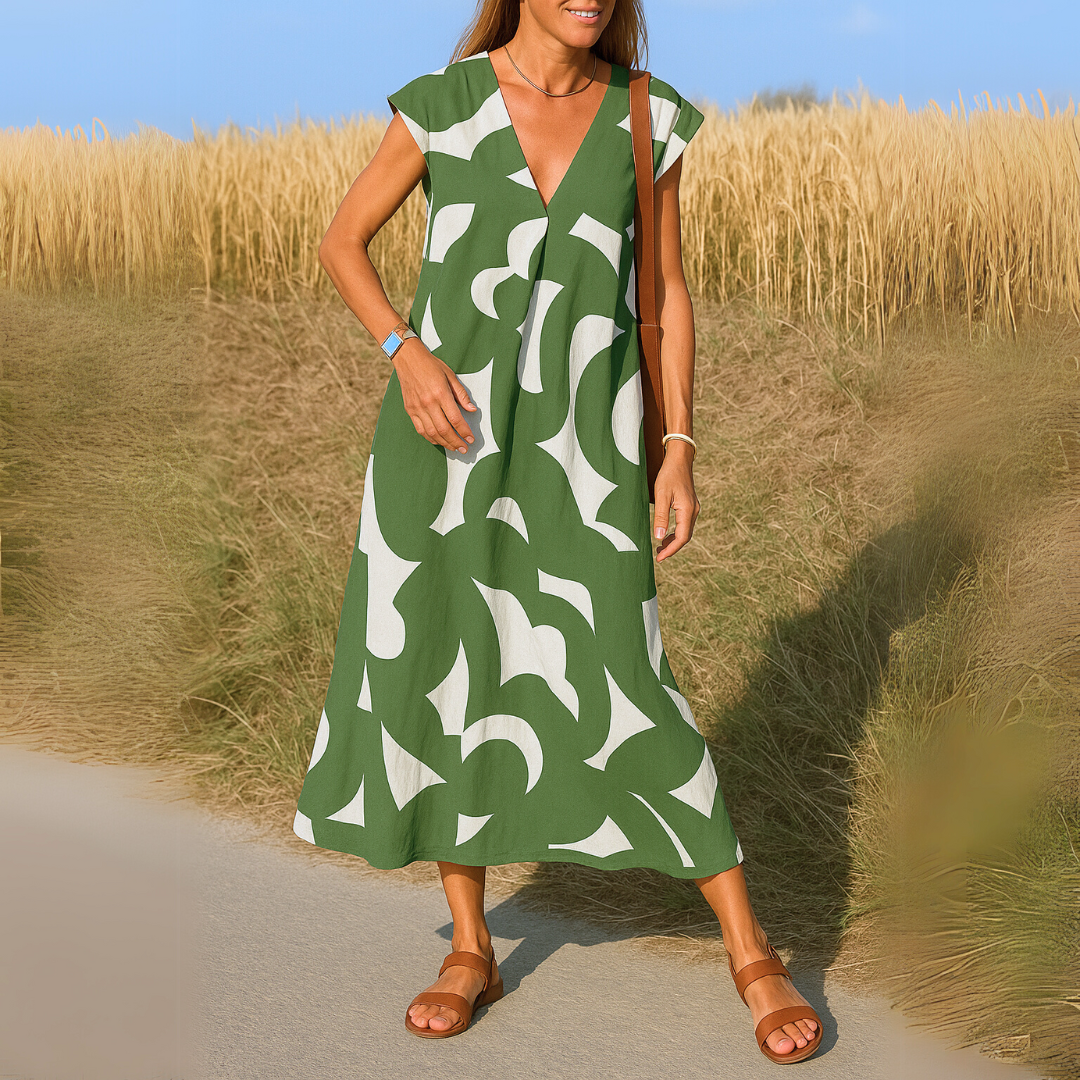 Geometric Print Midi Dress – V-Neck Cap Sleeve A-Line Summer Dress