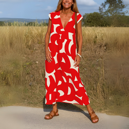 Geometric Print Midi Dress – V-Neck Cap Sleeve A-Line Summer Dress