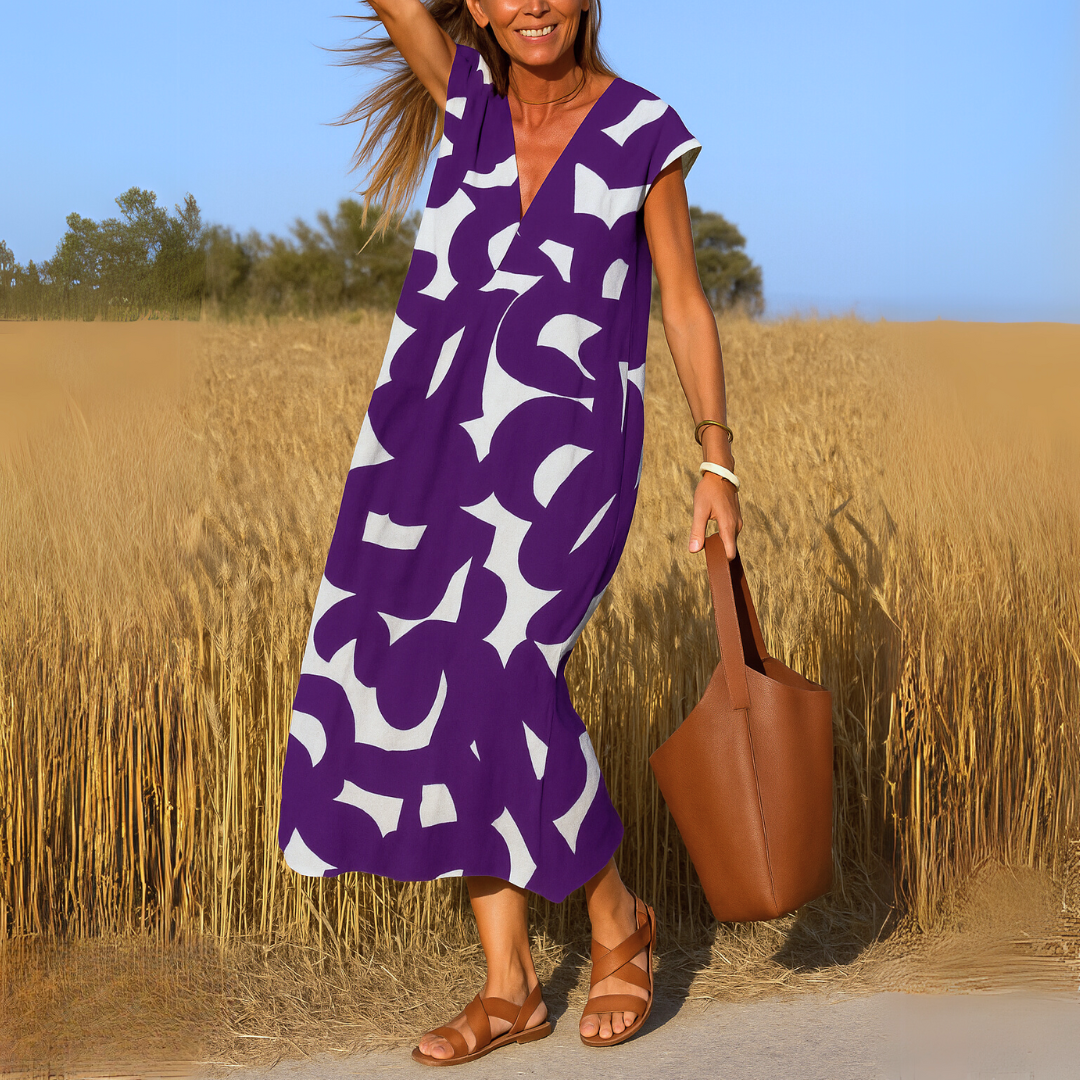 Geometric Print Midi Dress – V-Neck Cap Sleeve A-Line Summer Dress