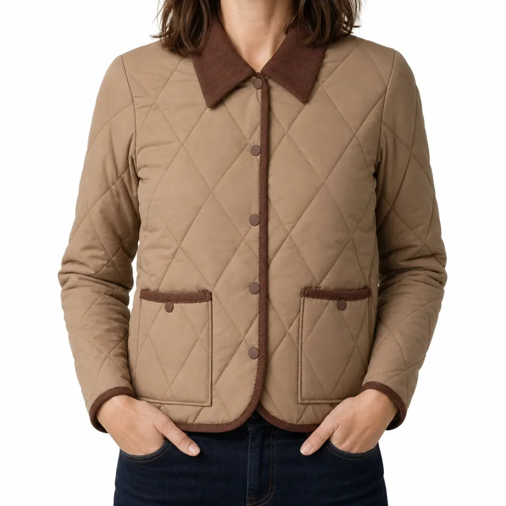 Diamond Quilted Jacket Women – Corduroy Collar Snap Button Coat
