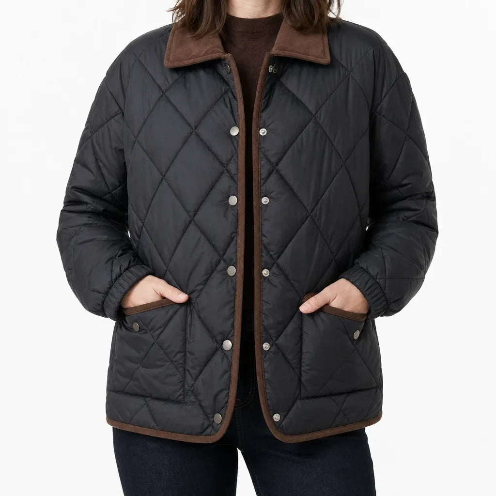 Diamond Quilted Jacket Women – Corduroy Collar Snap Button Coat