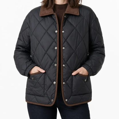 Diamond Quilted Jacket Women – Corduroy Collar Snap Button Coat