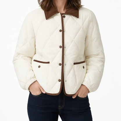 Diamond Quilted Jacket Women – Corduroy Collar Snap Button Coat