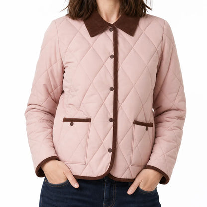 Diamond Quilted Jacket Women – Corduroy Collar Snap Button Coat