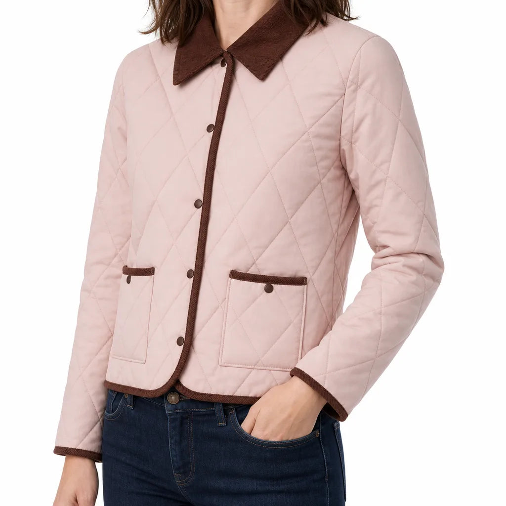 Diamond Quilted Jacket Women – Corduroy Collar Snap Button Coat