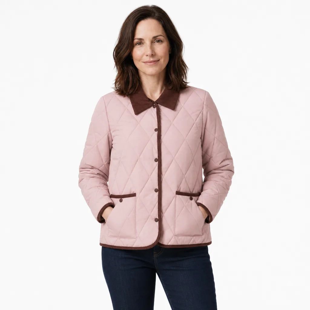Diamond Quilted Jacket Women – Corduroy Collar Snap Button Coat