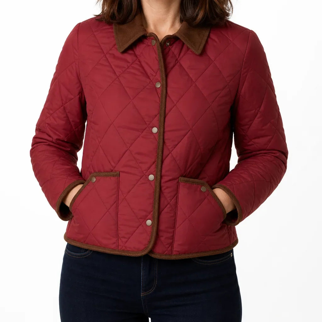 Diamond Quilted Jacket Women – Corduroy Collar Snap Button Coat