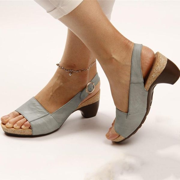Open Toe Block Heel Sandals – Slingback Buckle Cork Wedge