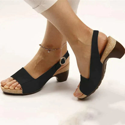 Open Toe Block Heel Sandals – Slingback Buckle Cork Wedge