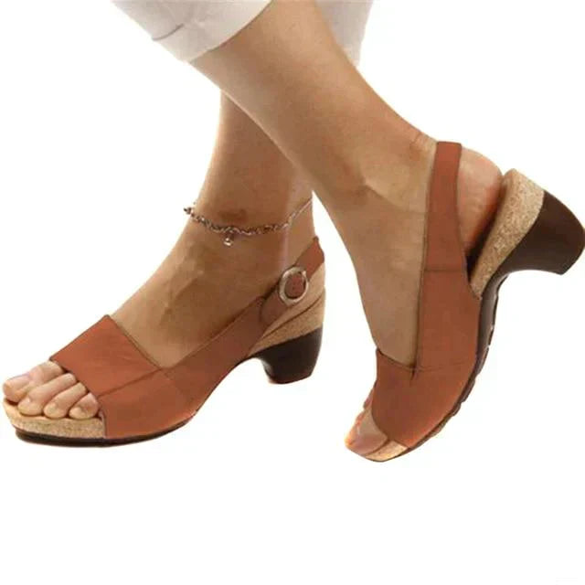 Open Toe Block Heel Sandals – Slingback Buckle Cork Wedge
