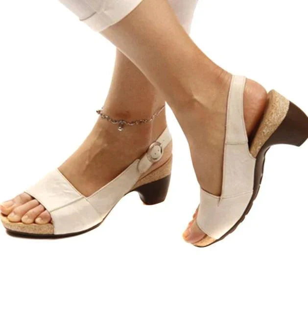 Open Toe Block Heel Sandals – Slingback Buckle Cork Wedge