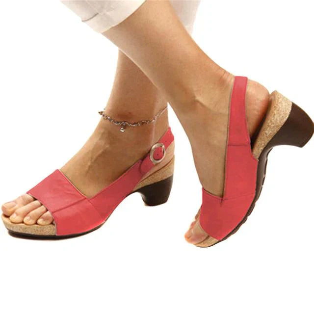 Open Toe Block Heel Sandals – Slingback Buckle Cork Wedge