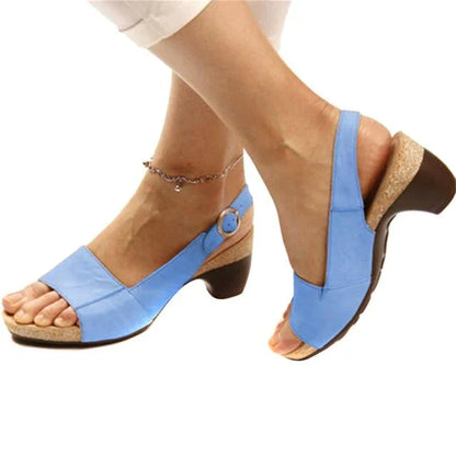 Open Toe Block Heel Sandals – Slingback Buckle Cork Wedge