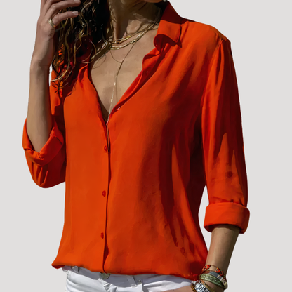 Button-Down Long Sleeve Blouse – Collared Relaxed Fit Top