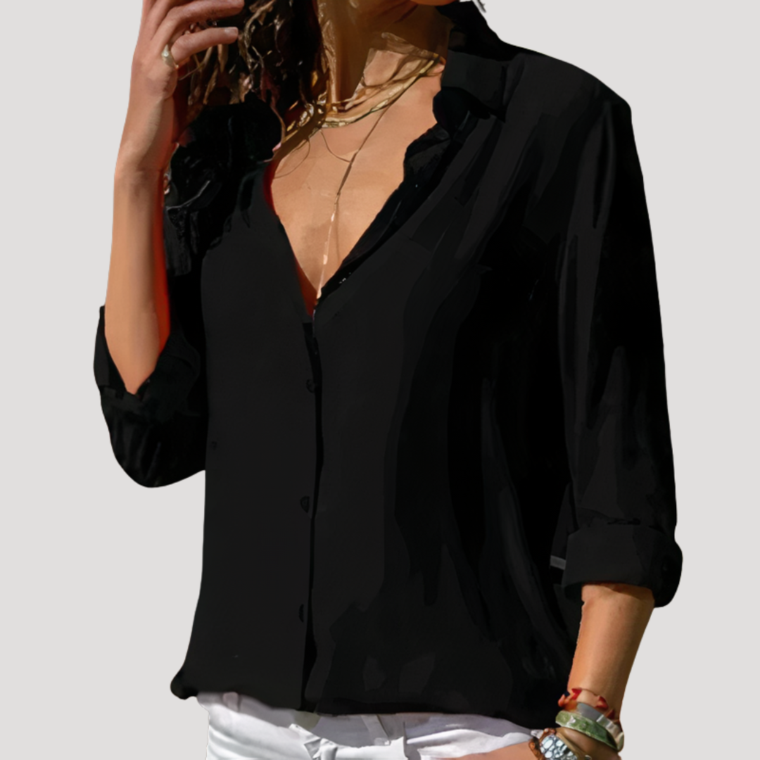 Button-Down Long Sleeve Blouse – Collared Relaxed Fit Top