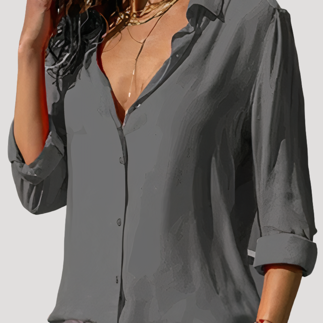 Button-Down Long Sleeve Blouse – Collared Relaxed Fit Top