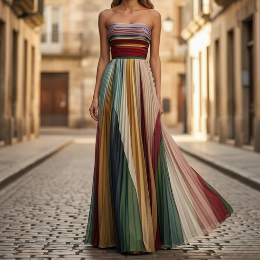 Color Block Strapless Pleated Maxi Dress – Multicolor A-Line Summer Dress