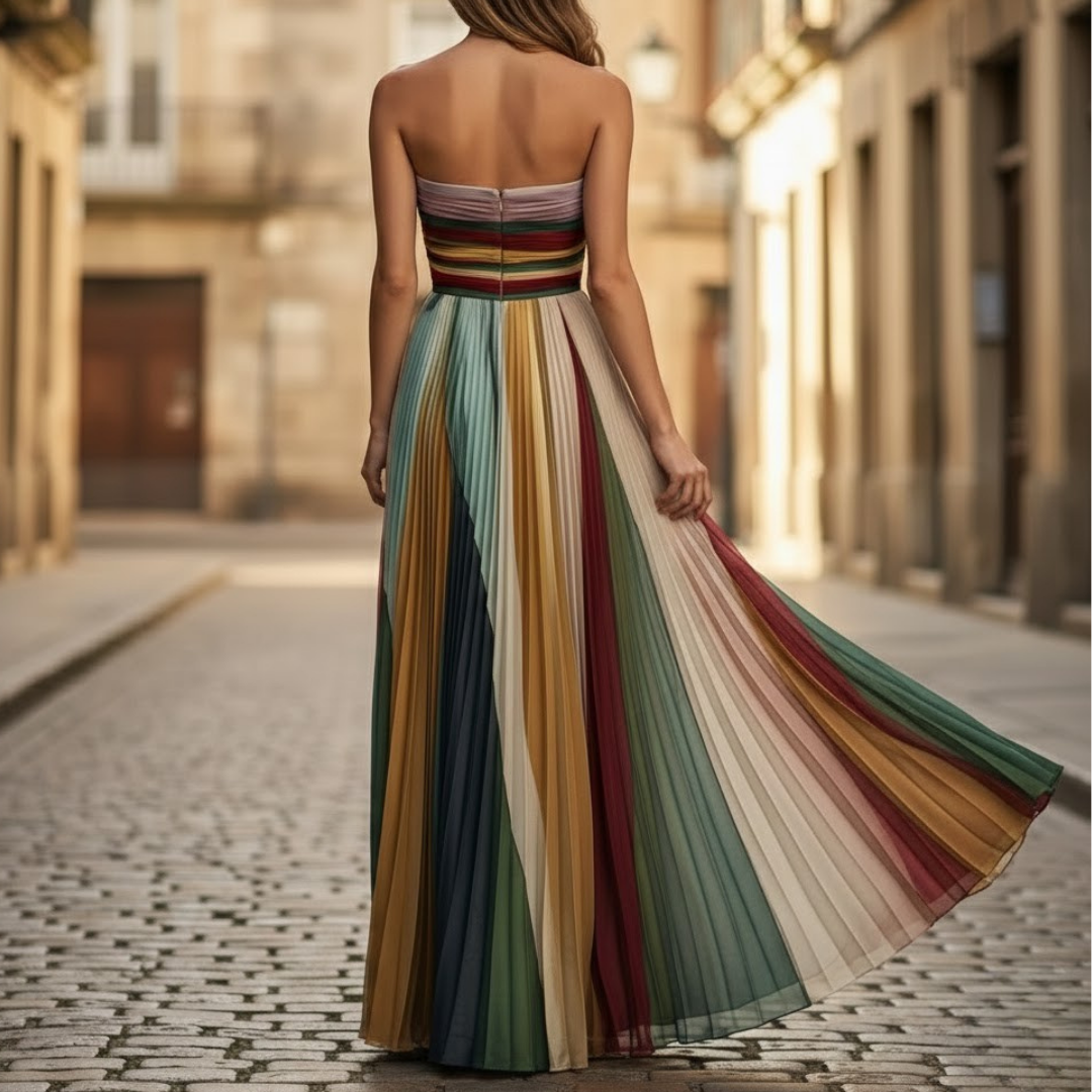 Color Block Strapless Pleated Maxi Dress – Multicolor A-Line Summer Dress