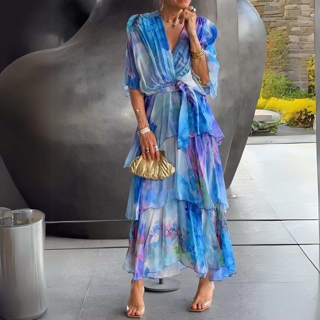 Tiered Chiffon Wrap Maxi Dress – Watercolor Print V-Neck
