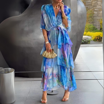 Tiered Chiffon Wrap Maxi Dress – Watercolor Print V-Neck
