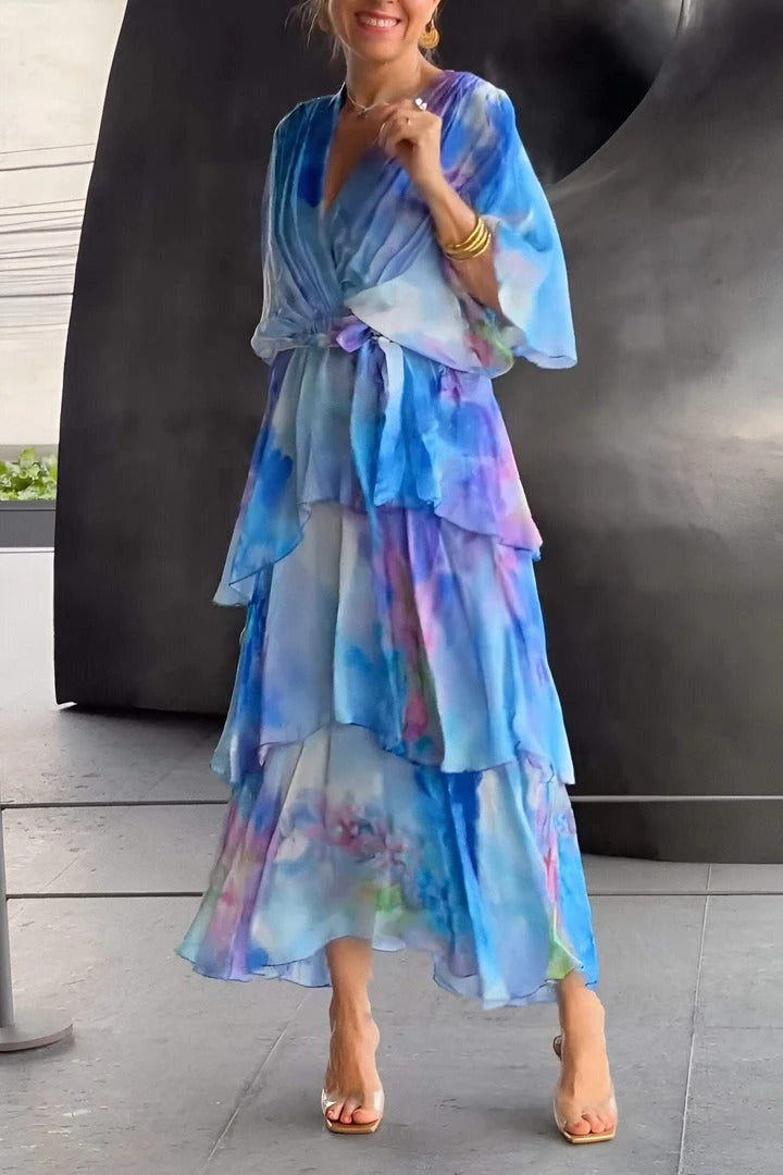 Tiered Chiffon Wrap Maxi Dress – Watercolor Print V-Neck