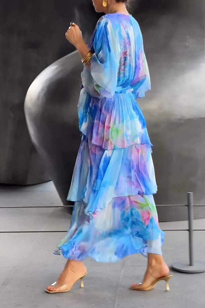 Tiered Chiffon Wrap Maxi Dress – Watercolor Print V-Neck
