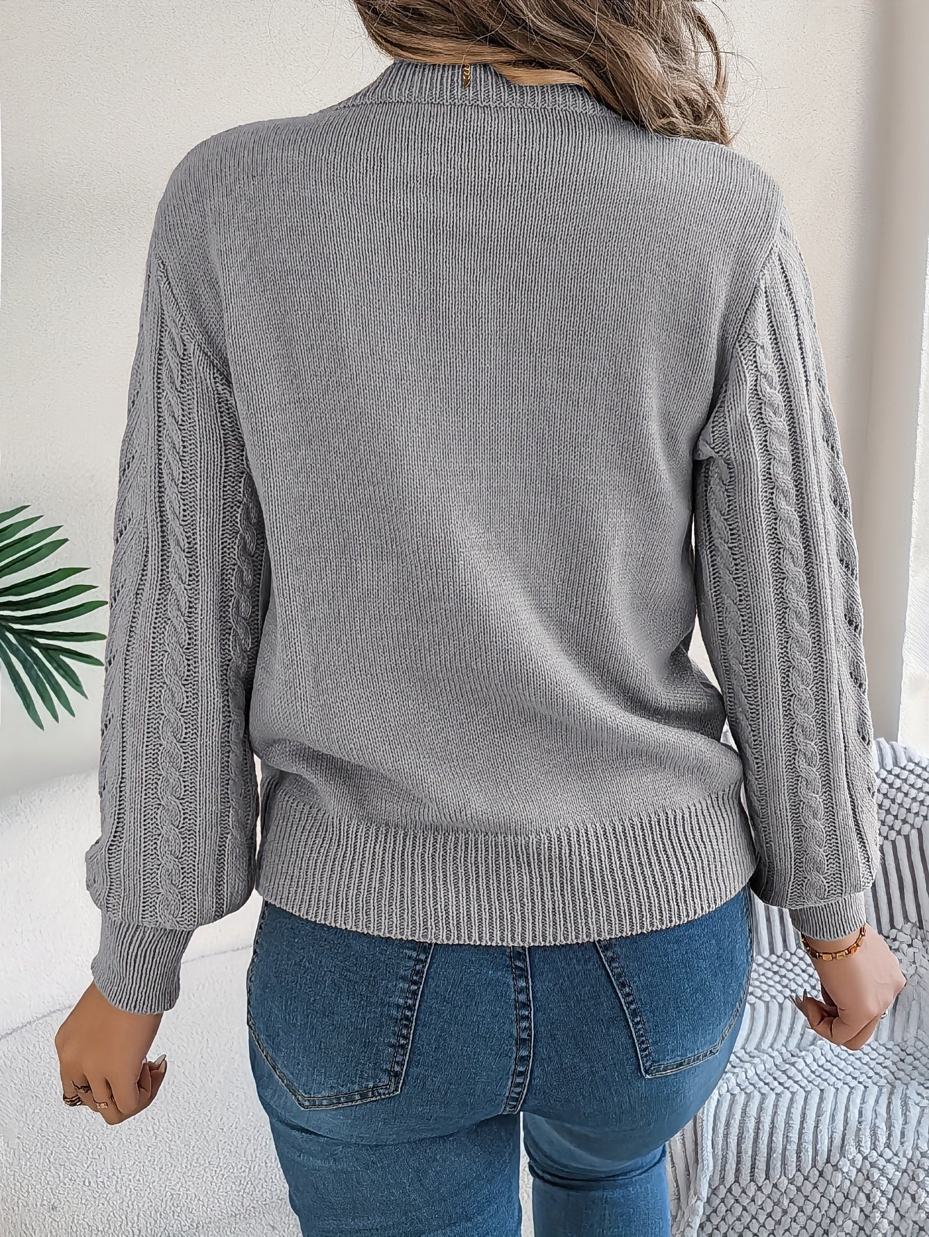 Cable Knit Openwork Pullover Sweater – Crewneck Long Sleeve Relaxed Fit